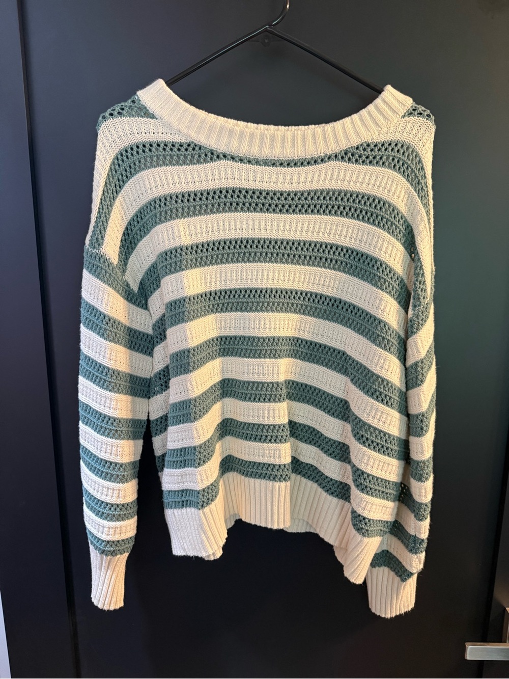 Wishlist Striped Open-Knit Crewneck Sweater - Cream & Sage Green